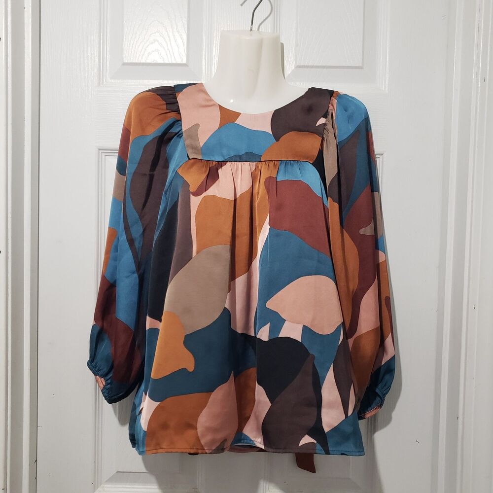 DR2 | Abstract Satin Square Neck Puff Sleeve Blouse | Womens Small